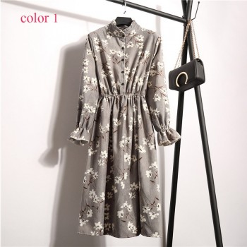 Corduroy High Elastic Waist Vintage Dress A-line Style Women Full Sleeve Flower Plaid Print Dresses Slim Feminino 18 Colors