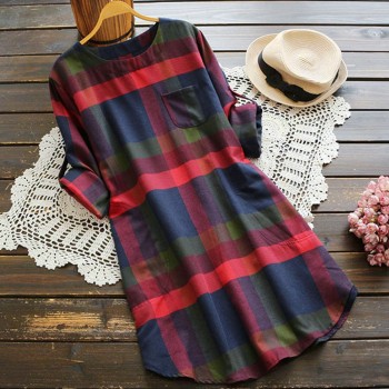 2018 Hot Autumn Winter New Women Ladies Plaid Long Sleeve  A-Line Loose Pocket Swing Vintage Dress Plus Size vestido