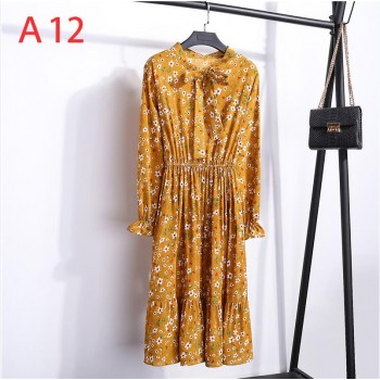 Autumn Chiffon Shirt Dresses Office plaid Polka Dot Vintage Dresses Women Dress 2019 Spring Casual Red Midi Floral Dress Female