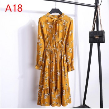 Autumn Chiffon Shirt Dresses Office plaid Polka Dot Vintage Dresses Women Dress 2019 Spring Casual Red Midi Floral Dress Female
