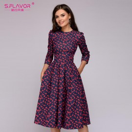 S.FLAVOR Women Elegent A-line Dress 2019 Vintage printing party vestidos Three Quarter Sleeve women Spring Dress(No Pockets)