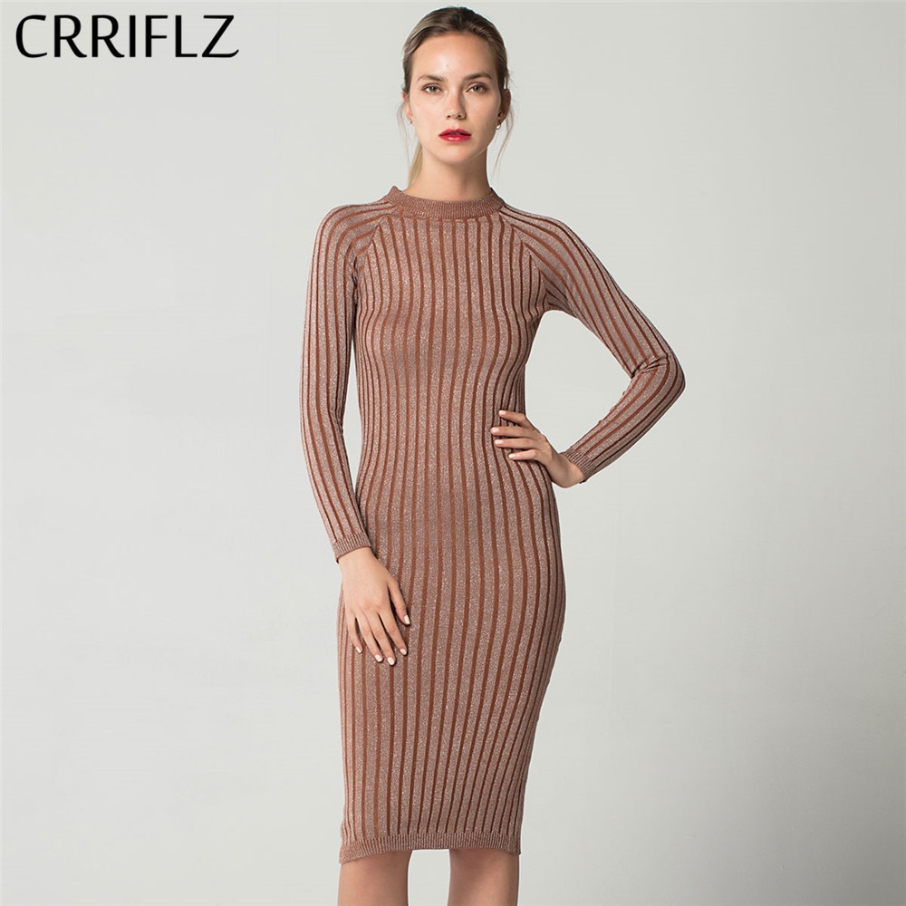 CRRIFLZ Spring Autumn Collection Slim Bright Silk Dress O Neck Knit Long Sleeve Dress For Women Bodycon Pencil Dress Office Lady