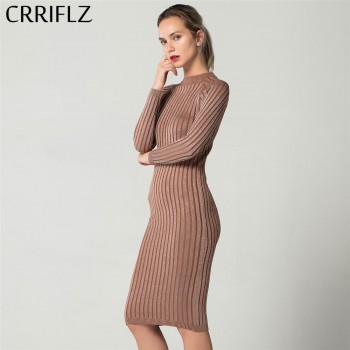 CRRIFLZ Spring Autumn Collection Slim Bright Silk Dress O Neck Knit Long Sleeve Dress For Women Bodycon Pencil Dress Office Lady