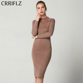 CRRIFLZ Spring Autumn Collection Slim Bright Silk Dress O Neck Knit Long Sleeve Dress For Women Bodycon Pencil Dress Office Lady