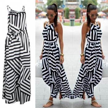 Women Sexy Summer Dress Boho Striped Sleeveless Maxi Long Dress Beach Style Strap Sundress Vestidos for Female NQ987428