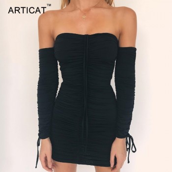 Articat  Women Autumn Winter Bandage Dress Women 2017 Sexy Off Shoulder Long Sleeve Slim  Elastic Bodycon Party Dresses Vestidos