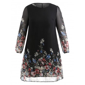 Wipalo Plus Size Floral Print Tunic Women Dress Long Sleeve Autumn Elegant Tribal Flower Print Vocation Shirt Dress Chiffon 5XL
