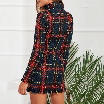 2019 Spring Plaid Print Tassels Mini Dress Women Elegant Vintage Dress Long Sleeve Sheath Casual Dress Female Bodycon Dress