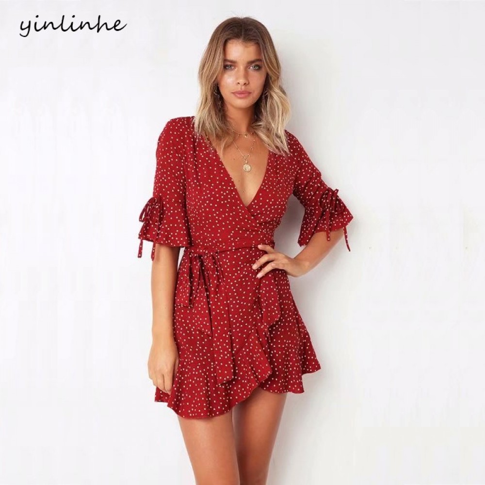 yinlinhe Red Polka Dot Summer Dress Short Sleeve V neck Sexy Wrap Dress Slim Waist Elegant Boho Ruffles Vestidos Women Dress 326