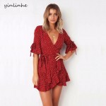yinlinhe Red Polka Dot Summer Dress Short Sleeve V neck Sexy Wrap Dress Slim Waist Elegant Boho Ruffles Vestidos Women Dress 326