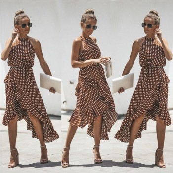 Sleeveless High Waist Casual Dress Summer 2019 Dot Print Women Ruffles Dress Loose Elegant Lace Up Women Clothes Sexy Dresses