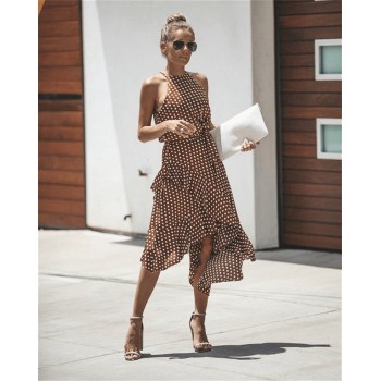Sleeveless High Waist Casual Dress Summer 2019 Dot Print Women Ruffles Dress Loose Elegant Lace Up Women Clothes Sexy Dresses