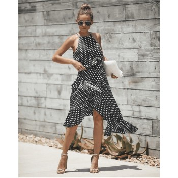Sleeveless High Waist Casual Dress Summer 2019 Dot Print Women Ruffles Dress Loose Elegant Lace Up Women Clothes Sexy Dresses