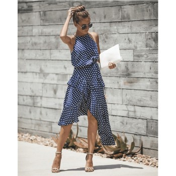 Sleeveless High Waist Casual Dress Summer 2019 Dot Print Women Ruffles Dress Loose Elegant Lace Up Women Clothes Sexy Dresses