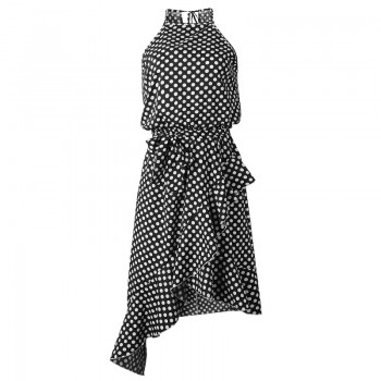 Sleeveless High Waist Casual Dress Summer 2019 Dot Print Women Ruffles Dress Loose Elegant Lace Up Women Clothes Sexy Dresses