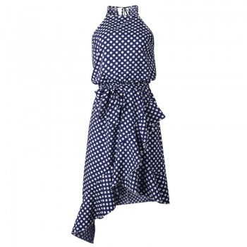 Sleeveless High Waist Casual Dress Summer 2019 Dot Print Women Ruffles Dress Loose Elegant Lace Up Women Clothes Sexy Dresses