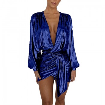 Sexy Silver Long Sleeve Mini Dress New Women Deep V Neck Ruched Night Out Clubwear Metallic Wrap Dress Asymmetrical Club Dresses
