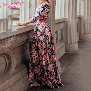 S.FLAVOR Bohemian printing long dress O-neck three quarter sleeve big hem women spring summer dress elegant casual vestidos de