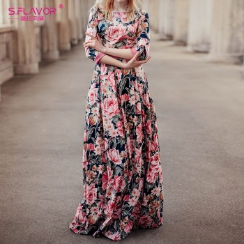 S.FLAVOR Bohemian printing long dress O-neck three quarter sleeve big hem women spring summer dress elegant casual vestidos de