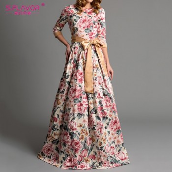 S.FLAVOR Bohemian printing long dress O-neck three quarter sleeve big hem women spring summer dress elegant casual vestidos de