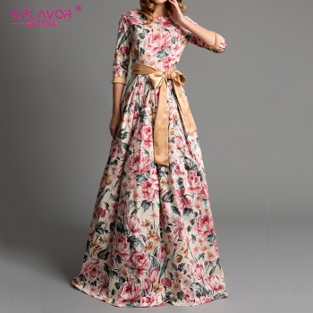 S.FLAVOR Bohemian printing long dress O-neck three quarter sleeve big hem women spring summer dress elegant casual vestidos de