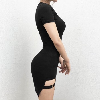 Sweetown Black Round Neck Bodycon Dress Women 2018 Summer Sexy Club Dress Female Asymmetrical Party Dresses Elegant Vestidos