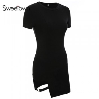 Sweetown Black Round Neck Bodycon Dress Women 2018 Summer Sexy Club Dress Female Asymmetrical Party Dresses Elegant Vestidos