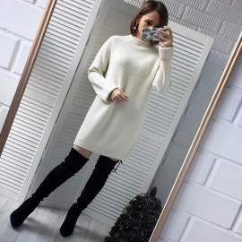 Autumn Winter Solid Knitted Cotton Sweater Dresses Women Fashion Loose O-neck Pullover Female Knitted Dress Vestidos Feminino