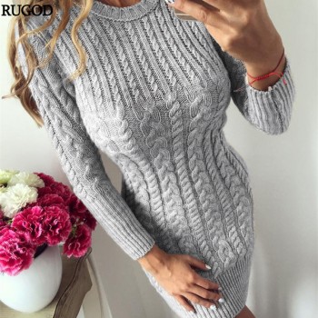 RUGOD 2018 New Autumn Winter Warm Sweater Dress Women Sexy Slim Bodycon Dress Female O neck Long Sleeve Knitted Dress Vestidos