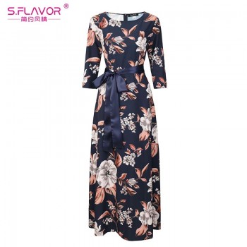 S.FLAVOR Women Spring Summer Printing Long Dress Hot sale O-neck Three Quarter Sleeve Casual Party Vestidos Women Bohemian Dress