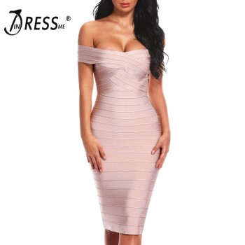 INDRESSME Sexy Off Shoulder Women Bandage Dress Elegant Slash Neck Knee Length Bodycon Backless Party Dress Vestidos 2018 New