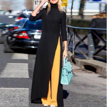 Women Fashion Plus Size Maxi Dress Asymmetrical Western Style Turtleneck Pullover Stretchy Black Knitting Oversize Long Dress