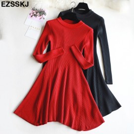 chic Autumn Winter black Sweater Dress Women o-neck Long Sleeve A Line thick Knit mini Dress female girl short bodycon dress