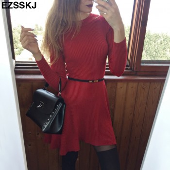 chic Autumn Winter black Sweater Dress Women o-neck Long Sleeve A Line thick Knit mini Dress female girl short bodycon dress