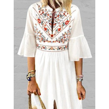 VONDA Women Boho Printd Dress 2019 Sexy V Neck Ruffle Sleeve Split Maxi Dresses Vintage Casual Loose White Vestidos Plus Size