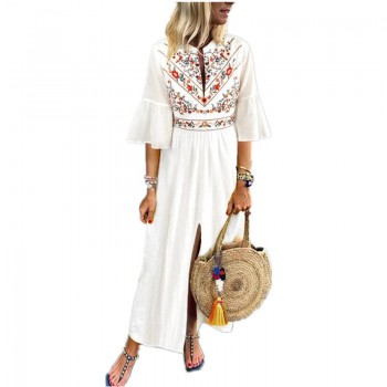 VONDA Women Boho Printd Dress 2019 Sexy V Neck Ruffle Sleeve Split Maxi Dresses Vintage Casual Loose White Vestidos Plus Size