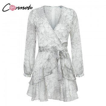 Conmoto Vintage Print Summer Dresses Female Elegant Party Short Dress Bow Sexy Ruffles Chiffon Dress Women Vestidos 2 Colors