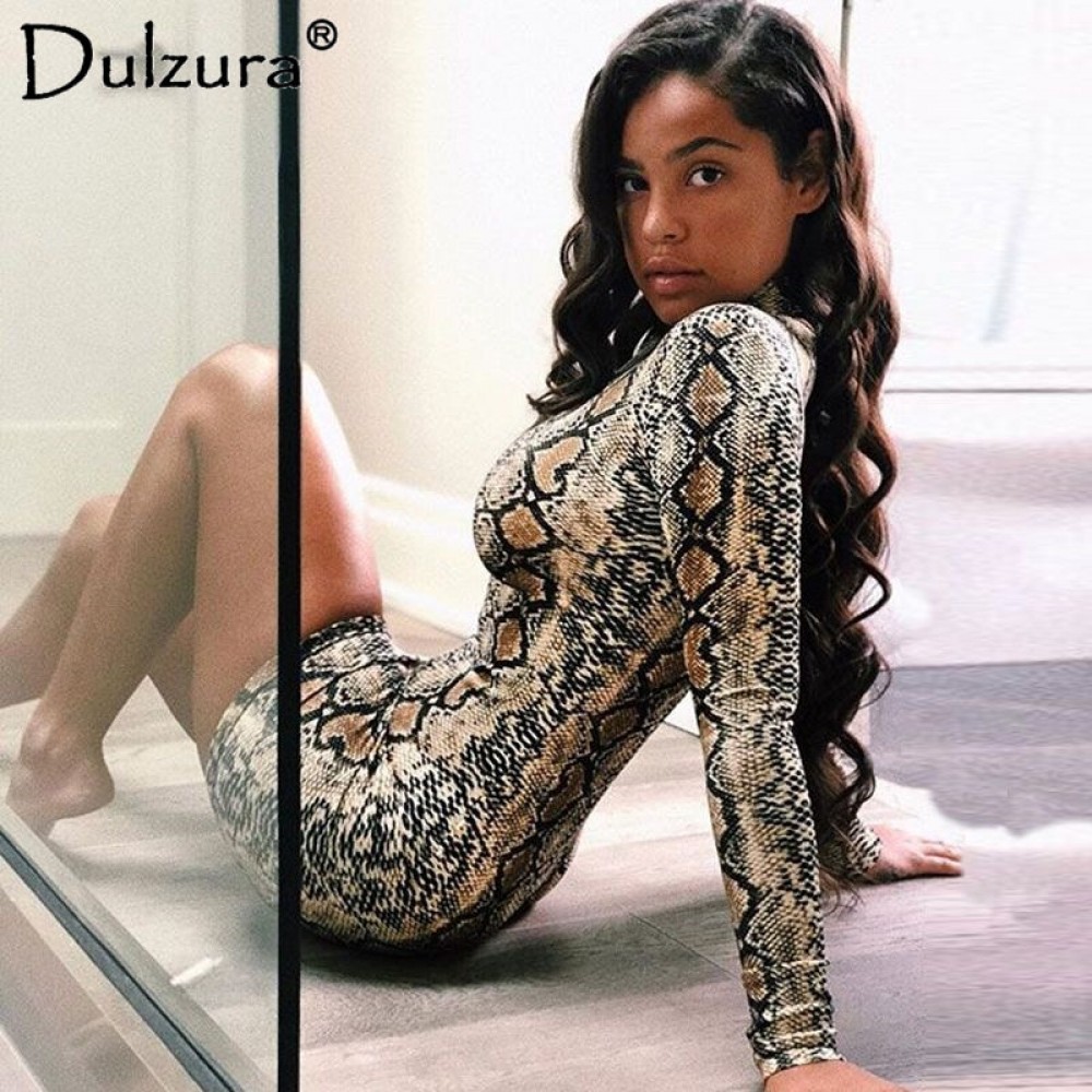 Dulzura strechy snakeskin long sleeve mini dress 2018 summer autumn women snake skin print sexy bodycon party dresses