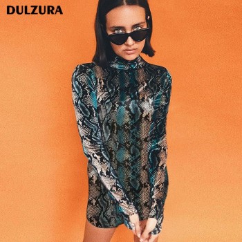 Dulzura strechy snakeskin long sleeve mini dress 2018 summer autumn women snake skin print sexy bodycon party dresses