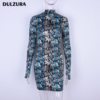 Dulzura strechy snakeskin long sleeve mini dress 2018 summer autumn women snake skin print sexy bodycon party dresses