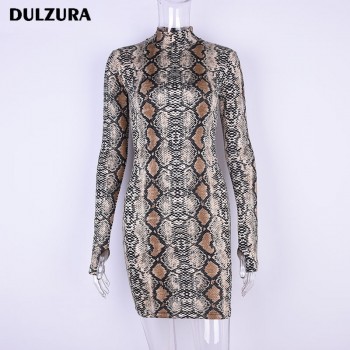 Dulzura strechy snakeskin long sleeve mini dress 2018 summer autumn women snake skin print sexy bodycon party dresses