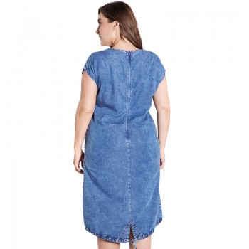 Miaoke 2018 Summer ladies Plus Size denim dress for women clothes Round Neck Pockets elegant  4xl 5xl 6xl Thin party Dress