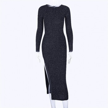 Glitter long dress Women side slit long sleeve bodycon dresses Sexy party dress nightclub wear Glittering black vestidos autumn