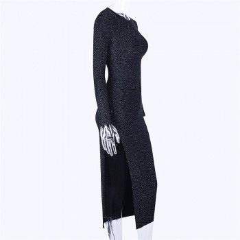 Glitter long dress Women side slit long sleeve bodycon dresses Sexy party dress nightclub wear Glittering black vestidos autumn
