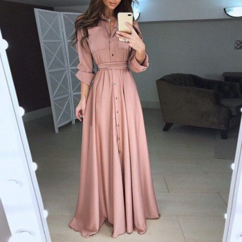 Elegant Long Shirt Dress Fashion Long sleeves Turn Down Collar Bandage Maxi Dress Floor Length Vestidos WS9871E