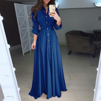 Elegant Long Shirt Dress Fashion Long sleeves Turn Down Collar Bandage Maxi Dress Floor Length Vestidos WS9871E