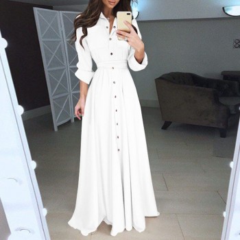 Elegant Long Shirt Dress Fashion Long sleeves Turn Down Collar Bandage Maxi Dress Floor Length Vestidos WS9871E