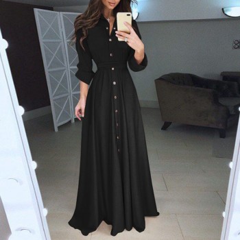 Elegant Long Shirt Dress Fashion Long sleeves Turn Down Collar Bandage Maxi Dress Floor Length Vestidos WS9871E