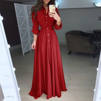 Elegant Long Shirt Dress Fashion Long sleeves Turn Down Collar Bandage Maxi Dress Floor Length Vestidos WS9871E