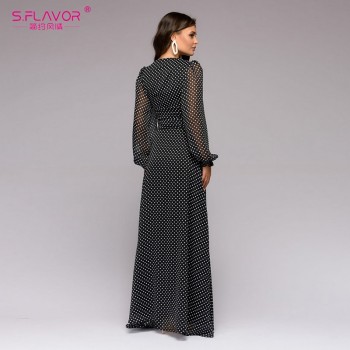 S.FLAVOR Bohemian Retro Dot Printed Women Party Dress Spring Summer Deep V-neck Sexy Long Sleeve Chiffon Long Dress Vestidos De